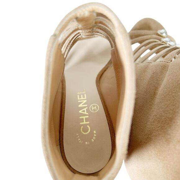 CHANEL Pearl Caged Open Toe Heeled Suede Ankle Boot Sandals - Picture 6 of 12